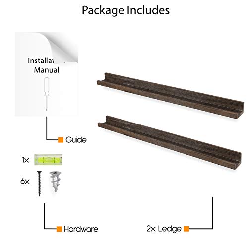 Rustic State Ted Wall Mount Narrow Picture Ledge Shelf Display | 36 Inch Floating Wooden Storage Shelves Torched Brown Set of 2