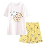 Satdflie Mujeres Chiikawa Pajama Conjunto para Las niñas 2 Piezas de Manga Corta con Pantalones Cortos PJ Conjunto de Dibujos Animados impresión Ropa de Noche algodón salón Conjunto, Amarillo/3, S