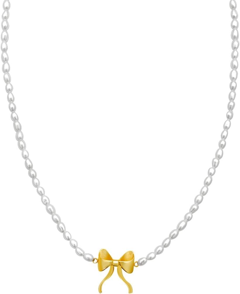 14k Yellow Gold Polished Fancy Bow Elemant Pearl Strand Necklace With Lobster Clasp Including 2 Inch Extender 18 Inch Strand for Women