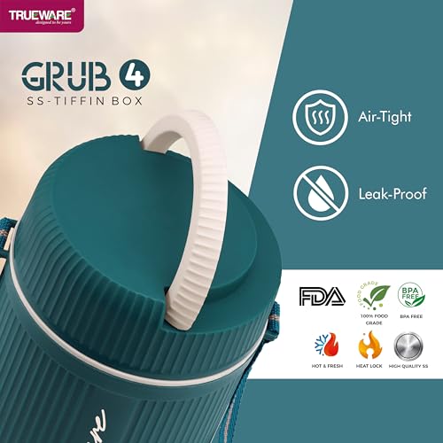 Image of Trueware GRUB 4 Double Wall Insulated Hot Lunch Box with 3 SS Container 300 ML Each & 1 SS Container 200ML | Bpa Free | Food Grade | Hot and Fresh Ma (LBI-GRB-004-Blue BAZ)
