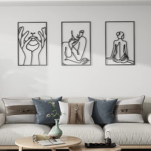 Deatee Black Metal Wall Decor Art Set Of 3, 15.7 X 23.6 Inches Large Minimalist Wall Decor, Modern Female Single Line Abstract Room Art Wall Decor, Wall Sculptures Accent Decor For Bedroom, Living Room And Bathroom #TOP3