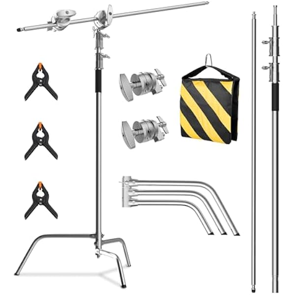 C Stand with Boom Arm, Photography Light Stand Kit - Heavy Duty C-Stand with 10.8ft/330cm Stainless Steel Pole, 4.2ft/128cm Boom Arm, Grip Heads, Sandbag for Studio Lighting, Silver