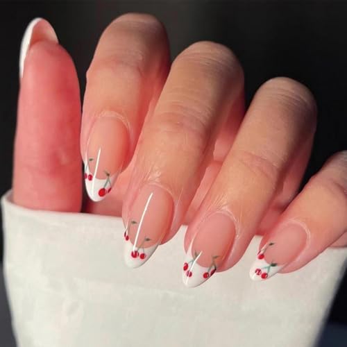 Image of French Tip Press on Nails Medium Almond White Fake Nails with Cherry Design Nude Full Cover Stick on Nails Cute False Nail Reusable Artificial Acrylic Nail for Women Girls Art Decoration 24pcs
