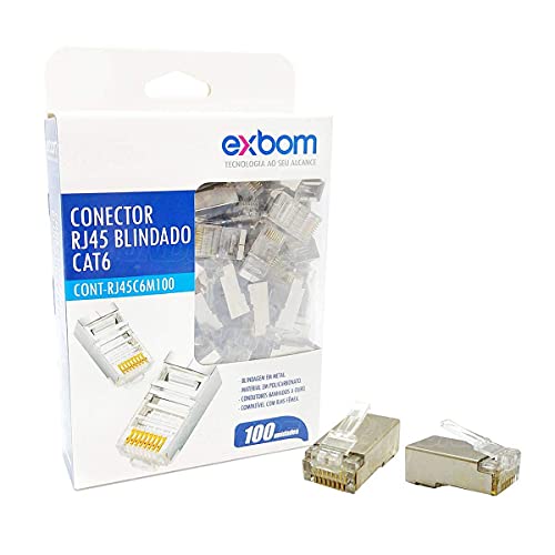 Conector RJ45 CAT6 Blindado em Metal 8P8C Suporta Gigabit Ethernet Cx c/ 100 Un. Exbom RJ45C6M100