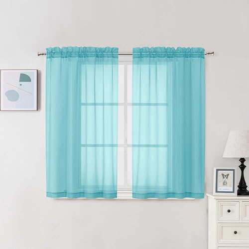 Image of Chyhomenyc Sheer Curtains 54 Inch Long 2 Panels Set, Light Filtering Short Soft Airy Short Cafe Curtains, Modern Rod Pocket for Dinning Living Room Bedroom, Each 42Wx54L in, 2PCS, Aqua