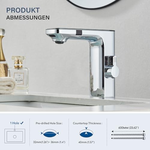 Hevenaov Infrarot Sensor Wasserhahn Bad Chrom, Automatisch Sensor Mischbatterie Bad Digitalanzeige Bildschirm Warmes Kaltwasser Mischbatterie Armatur Waschbecken