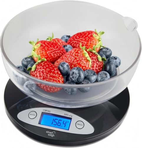 Smart Weigh Digital Kitchen Scale with Removable Bowl – 11lb/5kg Capacity, 0.1oz/1g Precision – High Accuracy Food Scale for Baking, Cooking & Meal Prep (Black)