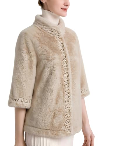 Women's Short Faux Fur Coat with Sparkling Crystal Buttons &