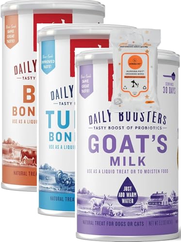 Aurora Pet Variety Pack (3) Daily Boosters Dogs and Cat Treats (1) Beef Bone Broth (1) Turkey Bone Broth (1) Probiotic Goat's Milk with AuroraPet Wipes