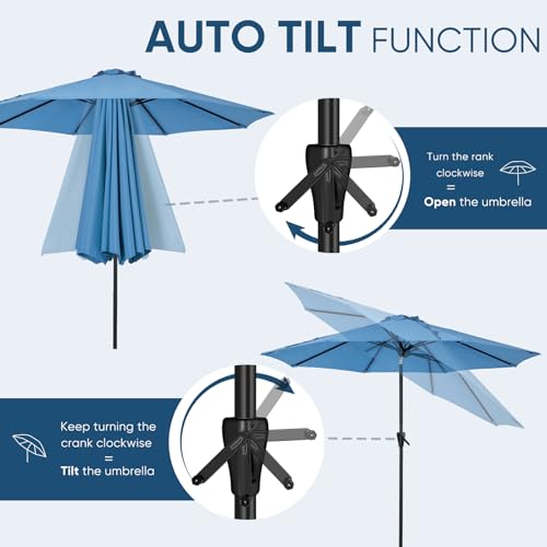 Image of Tempera Patio Market Outdoor Table Umbrella with Auto Tilt and Crank, Large Sun Umbrella with Sturdy Pole & Fade Resistant Canopy, Easy to Set