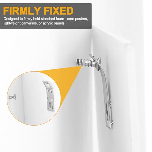 Image of MorningRo 100-pack Nailess Foam Board Hangers, Press-in Sawtooth Picture Frame Clips, Metal Poster Wall Hanging Hooks for Foamcore & Corrugated Backing, Supports 1 lb, Silver (1.5 x 0.5 in)