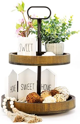 Tiered Tray Stand - 2 Tier Tray for Fruit, Cupcakes & More - Farmhouse Tiered Tray Decor Holder - 2 Tiered Tray Stand Farmhouse Tray - Wooden Trays for Decor - Two Tiered Serving Tray - Two Tier Tray