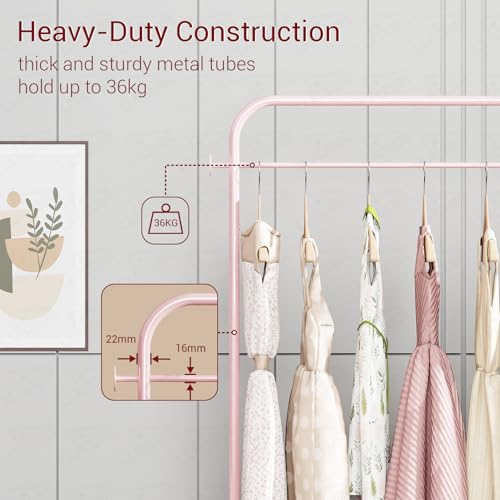 Image of Lukzer | MGR-009 | Pink | Metal Clothes Rail Stand with 360 Rotating Wheels & Leather Storage Bin - 4 Hook Garment Rack Organizer for Bedroom, Closet, Laundry Room, Dormitory | 171 x 75 x 35 cm