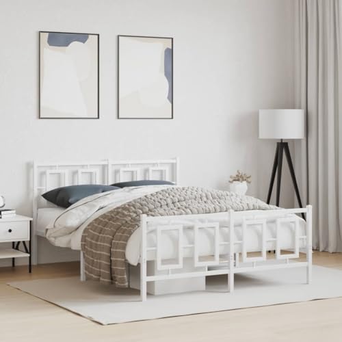 Mokuyary Estructura de cama con cabecero y pie de cama de metal, color blanco, 135 x 190 cm, cama con somier, plataforma, marco de cama sin colchón, fácil montaje para dormitorio, habitación de