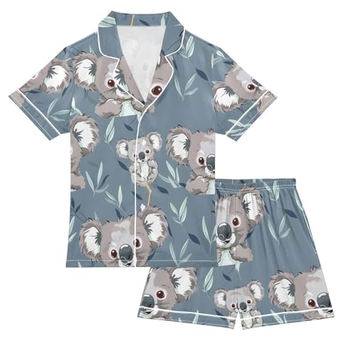 ALAZA Koala Leaf Gray Pajamas Satin Pajama Set Short Sleeve Button Down Sleepwear