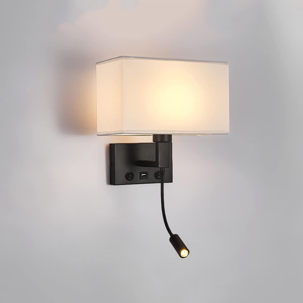 Prostokątna lampa ścienna z czarnej tkaniny z podwójnym przełącznikiem i portem USB, idealna do sypialni, salonu, biura lub hotelu.