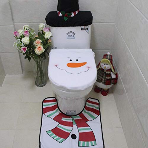 Kungfu Mall festliches 3-teiliges Weihnachtsdekorationsset aus Toilettendeckelbezug, Bodenmatte und Spülkastenbezug mit Hülle für Kosmetiktücherbox, für Weihnachten, Badezimmer schneemann