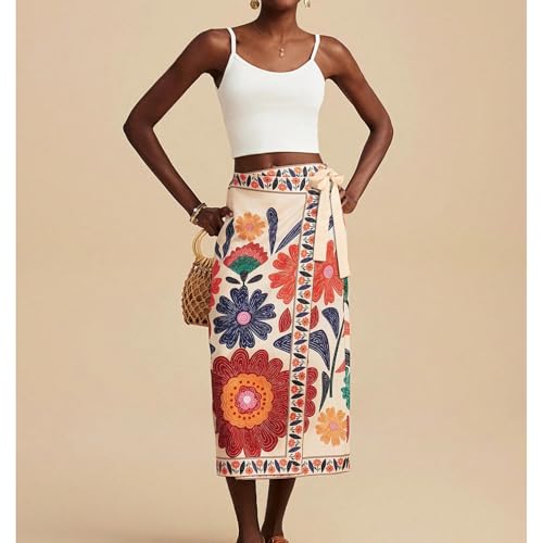 Womens Floral Wrap Midi Skirt Summer Adjustable Tie Side Casual High Waist A Line Beach Boho Long Flared Skirts2