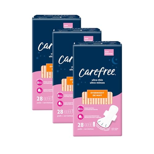Carefree Ultra Thin Pads for Women, Overnight Pads With Wings, 84ct (3 Packs of 28ct) | Carefree Pads, Feminine Care, Period Pads & Postpartum Pads | 84ct (3 Packs of 28ct)