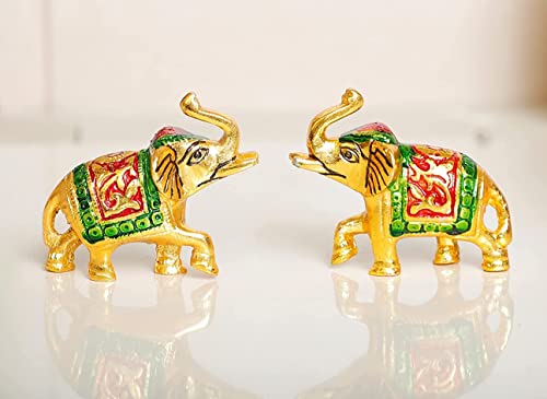 Image of KridayKraft Elephant Set Metal Statue Small Size with Meena Work 2 pcs Set for Showpiece Enhance Your Home,Office Table,Animal Showpiece Figurines,Corporate Gift Article...