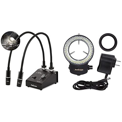 AmScope dual gooseneck LED lights with 144-LED ring light