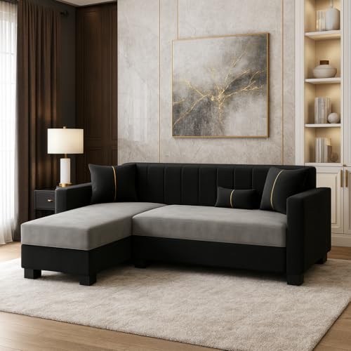 Image of SOCOZI Alveria 4 Seater LHS L Shape Sofa Set | Soft Velvet Suede Fabric | Modern Design | Plush Comfort Cushions for Living Room (Light Grey-Black)