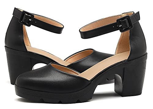 kkdom Women's High Heel Closed Round Toe Ankle Strap Chunky Wedding Pumps Shoes