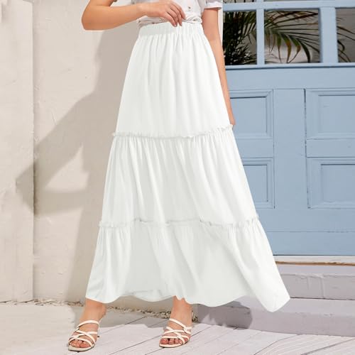 BOMAROLAN Women's Maxi Skirts Summer Elastic High Waist Boho Flowy Skirt A Line Long Skirts Ruffle Swing Beach Skirts3