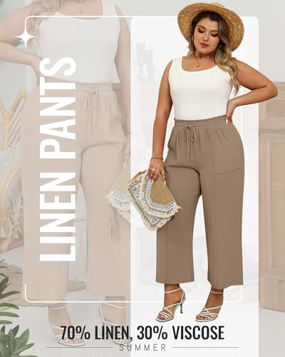 Neer Women's Plus Size Linen Cropped Pants, Wide Leg High Waist Capri Pants Summer Casual Beach Trousers with Pockets2
