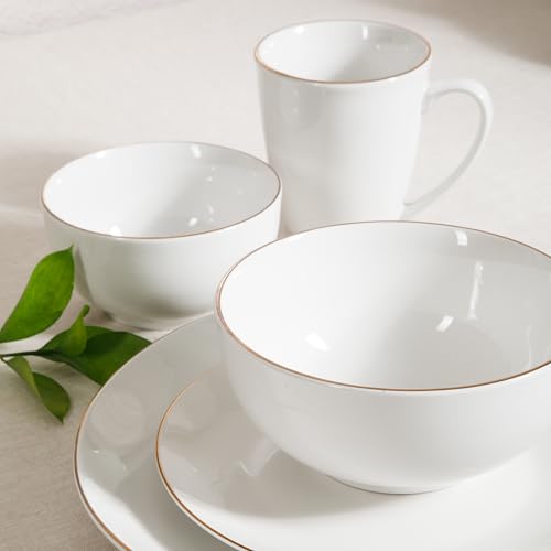 Image of Gibson Home Ogalla 30 Piece Plates, Bowls, & Mugs Dinnerware Set - Service for 6 - White Porcelain W /Gold Band