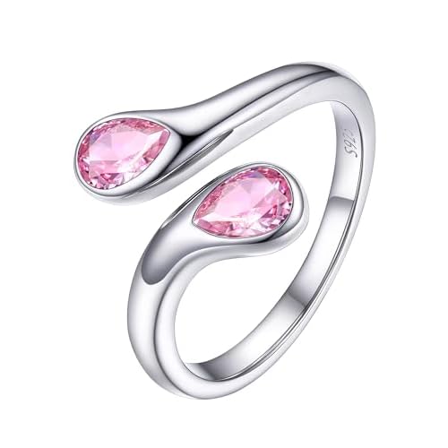PROSILVER S925 Sterling Silver Adjustable Rings for Women Dainty Birthstone Statement Ring, Dual Pear-Cut Gemstones, Open Band Rings, Jan - Dec Availa