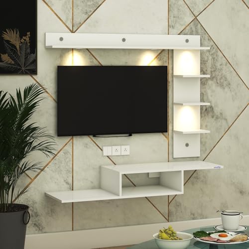 Image of Wintor Engineered Wood Wall Mounted TV Unit with 4 LED Lights, 3 Open Shelves, 1 Storage Box & Decorative Display Shelf for Living Room | Ideal for Upto 43 Inch TV- White(DIY Assembly)