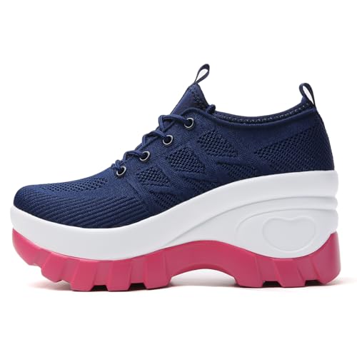 Image of Women's Chunky Platform Comfort Orthopedic Wedge Walking Shoes Fashion Knitted Breathable Lace Up Lug Sole Casual Non-Slip Running Shoes with Arch Support