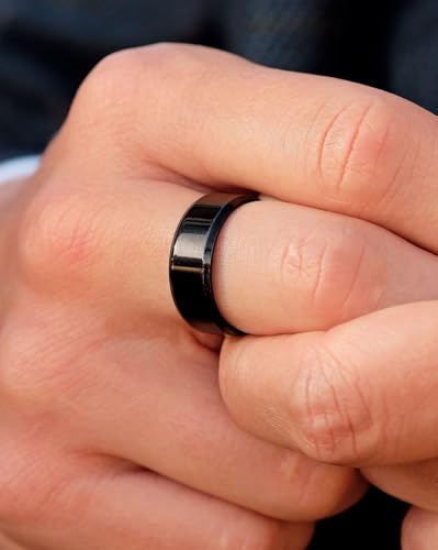 Image of Men's Black Wedding Band Stainless Steel Ring - Matte Brushed Center with Polished Beveled Edges - Comfort Fit Engagement Promise Ring for Him