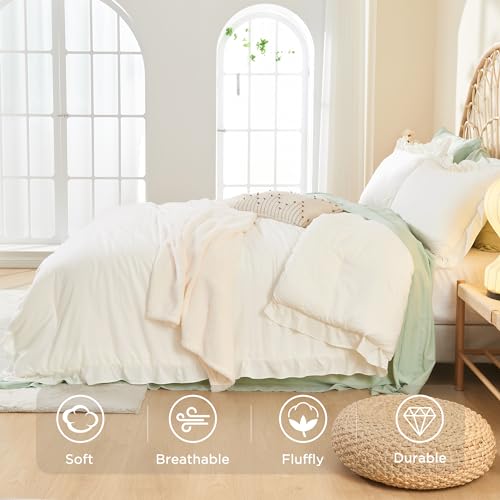 Image of Litanika Full Comforter Set Ivory, 3 Pieces Beige Ruffle Farmhouse Aesthetic Bedding Comforter Set, Lightweight Fluffy Microfiber Bed Set (79x90In Comforter, 2 Pillowcases)