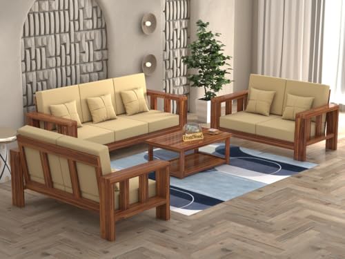 Image of Sheesham Wooden 7 Seater Sofa Set for Living Room | Solid Wood Sofa | Rosewood Sofa Set for Home & Office | Lounge (Natural, 3+2+2 Seater)