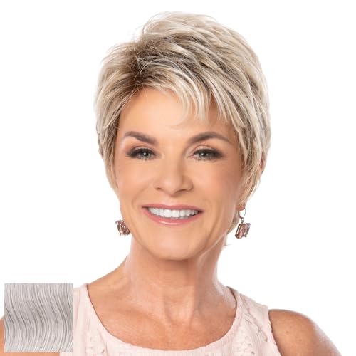 Toni Brattin Angelic Wig - Short with Wispy Bang, All-Over Textured Waves & Tapered Neckline - Heat-Friendly Fiber Looks & Feels like Natural Hair - Adjustable & Comfortable (Light Grey, Plus)