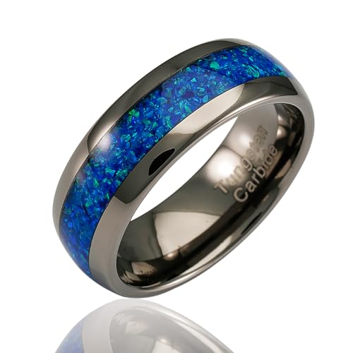100S JEWELRY Engraved Personalized Gunmetal Tungsten Rings For Men Blue Opal Inlay Wedding Engagament Promise Band Size 6-16
