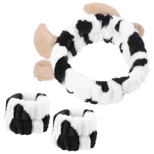 TINEASUR スキンケアヘッドバンド 洗顔用 レディース 牛柄 スパヘアアクセサリー リストバンド ヨガ メイクアップ 1set
