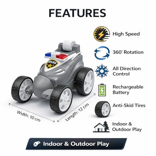 Image of SMART BOY Remote Controled Police Stunt Car Toy, All-Terrain Performance, 360 Rotating Rolling LED Flashing Lights with Police Siren Sound, Anti-Skid Rubber Tires, Grey, C Type Rechargeable 368PO