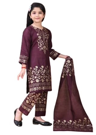 Image of Girl's Rayon Ethnic Wear Embroidered Kurta Set with Dupatta