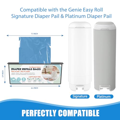 Image of Diaper Pail Refills Bags with 30 Bags Compatible with Genie Easy Roll Signature and Platinum Diaper Pails, 7-Layer Odor-Barrier Technology, 2 Pack (60 Bags)