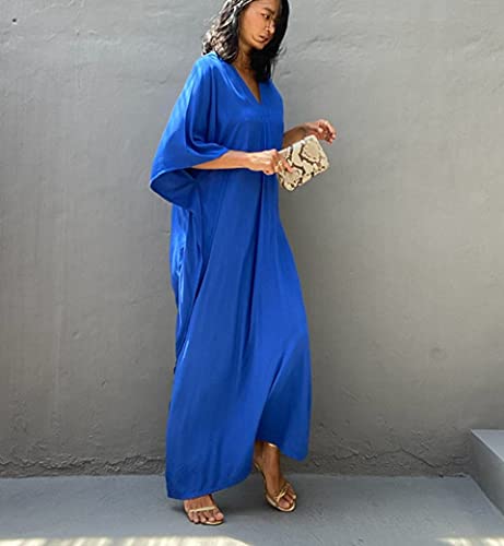 Image of RanRui Caftans for Women Solid Color Chiffon Plus Size Kaftan Dresses Beach Cover Up V Neck Batwing Sleeve Caftans Loungewear