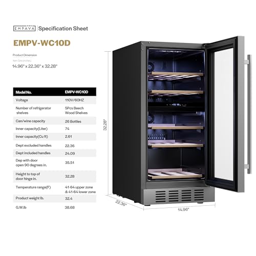 Image of Empava 15 inch Dual Zone Wine Cooler Refrigerator Under Counter with Reversible Glass Door, Freestanding Fridge with LED Light, Touch Control, 26 Bottles Capacity