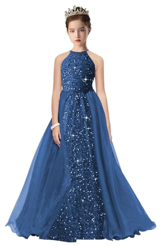 Girls Pageant Dresses Sequin Pageant Gown Halter Flower Girl Dresses for Wedding Tulle Kids Toddler Dress