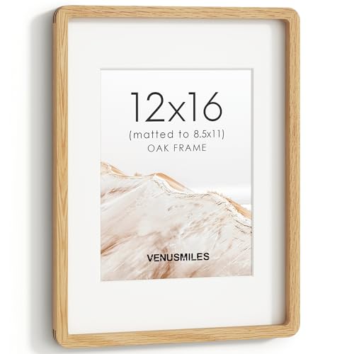 Image of 12x16 Picture Frame, USA-Sourced Natural Oak Wood Photo Collage Frame with HD Tempered Glass, 12 x 16 Wooden Frame Matted to 8.5x11, Vertical & Horizontal Wall Hanging Display