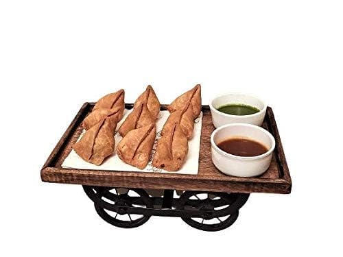Wooden Serving Cart with Samosa Platter and Dipping Sauce Bowls, Decorative Railway Wheel Design-image-32