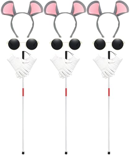 Benwanfee 12Pcs Halloween Mouse Costume Accessories Set, Blind Mouse Costume Kit including Headbands Round Sunglasses Folding Blind Cane White Gloves for Halloween Party Favor Accessories