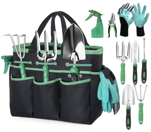 Garden Tool Set with Bag and Gloves, Heavy Duty Stainless Steel Gardening Tool Set, Ideal Gardening for Women and Men, Set of 9