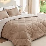 JOLLYVOGUE Full Comforter Sets Khaki/Linen, Ultra Soft Reversible Bedding for All Seasons, 3 Pieces Down Alternative Bed Set Includes 1 Lightweight Comforter and 2 Pillow Shams